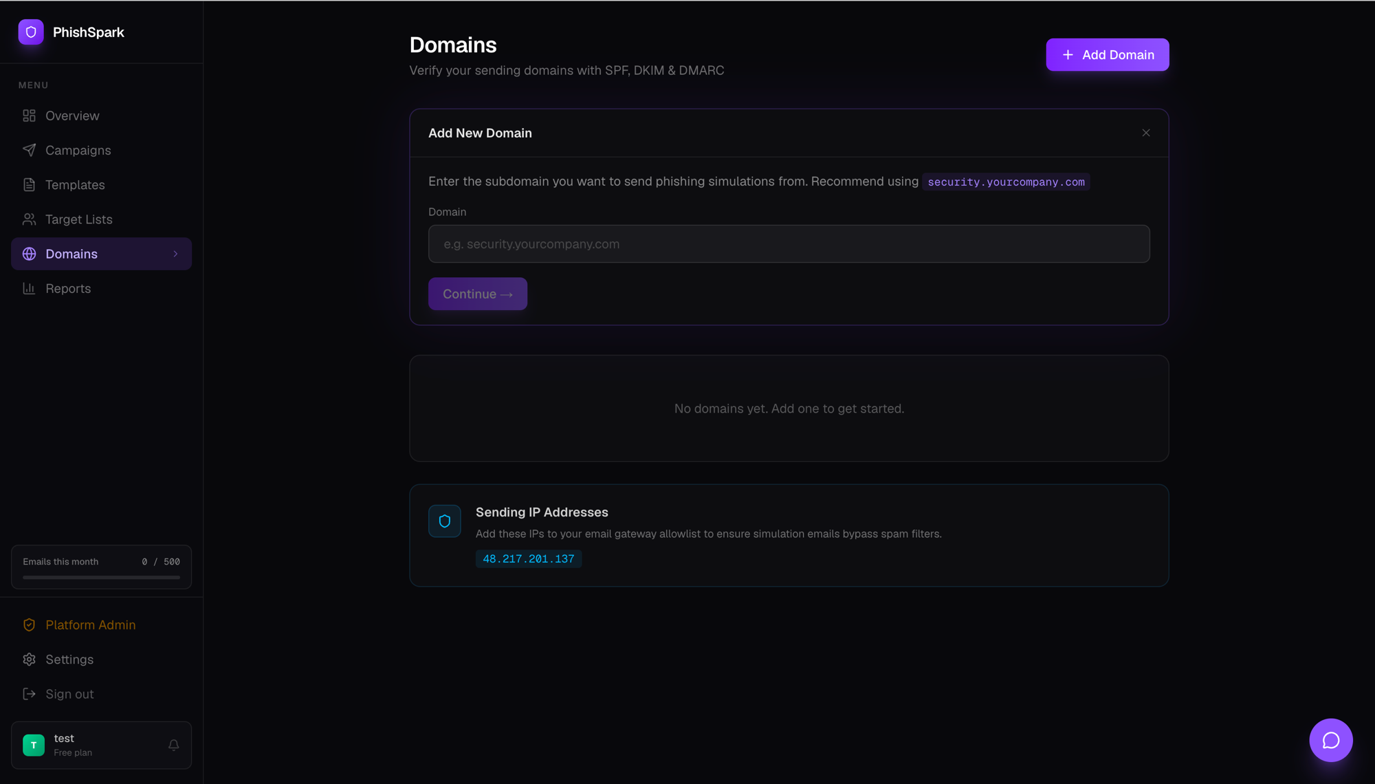PhishSpark domain setup — add a new sending domain with SPF, DKIM and DMARC