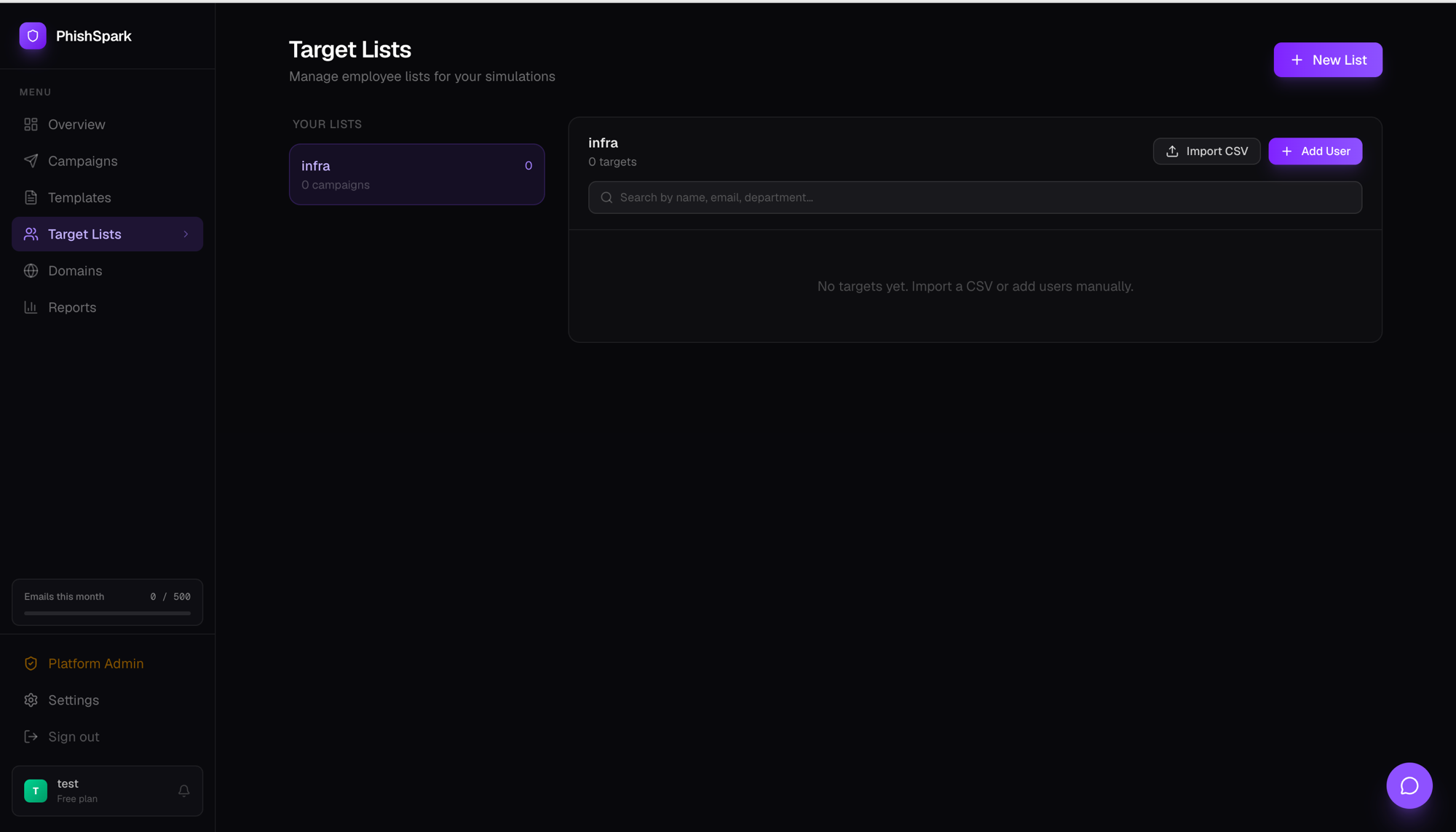 PhishSpark target list — import CSV or add employees manually with department tags