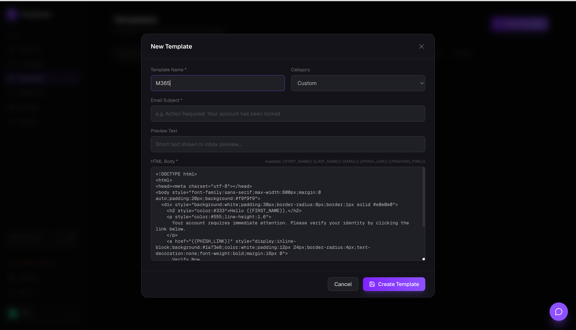 PhishSpark template editor — HTML email editor with live preview
